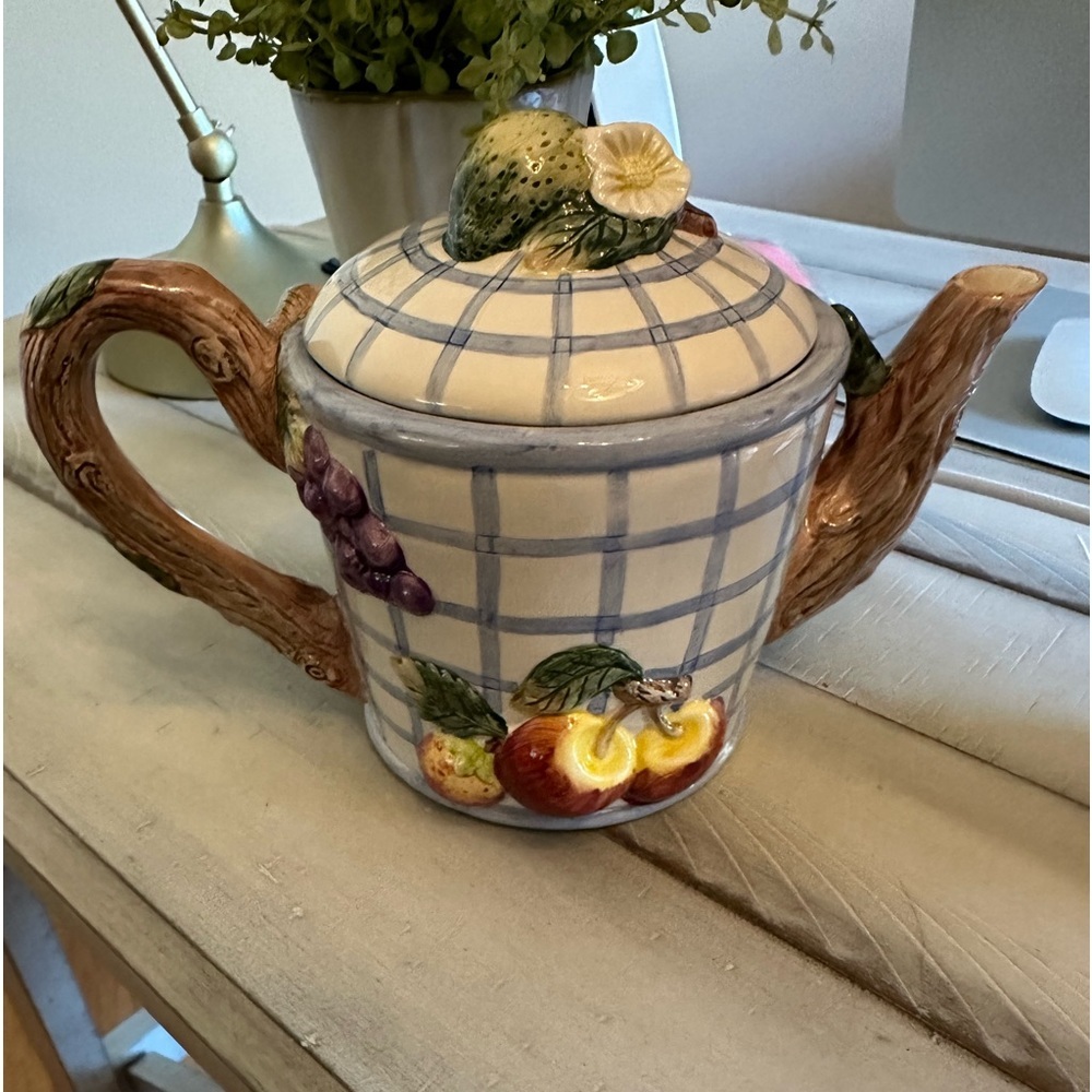 Hand-Painted Fruit Ceramic Teapot - Blue Check